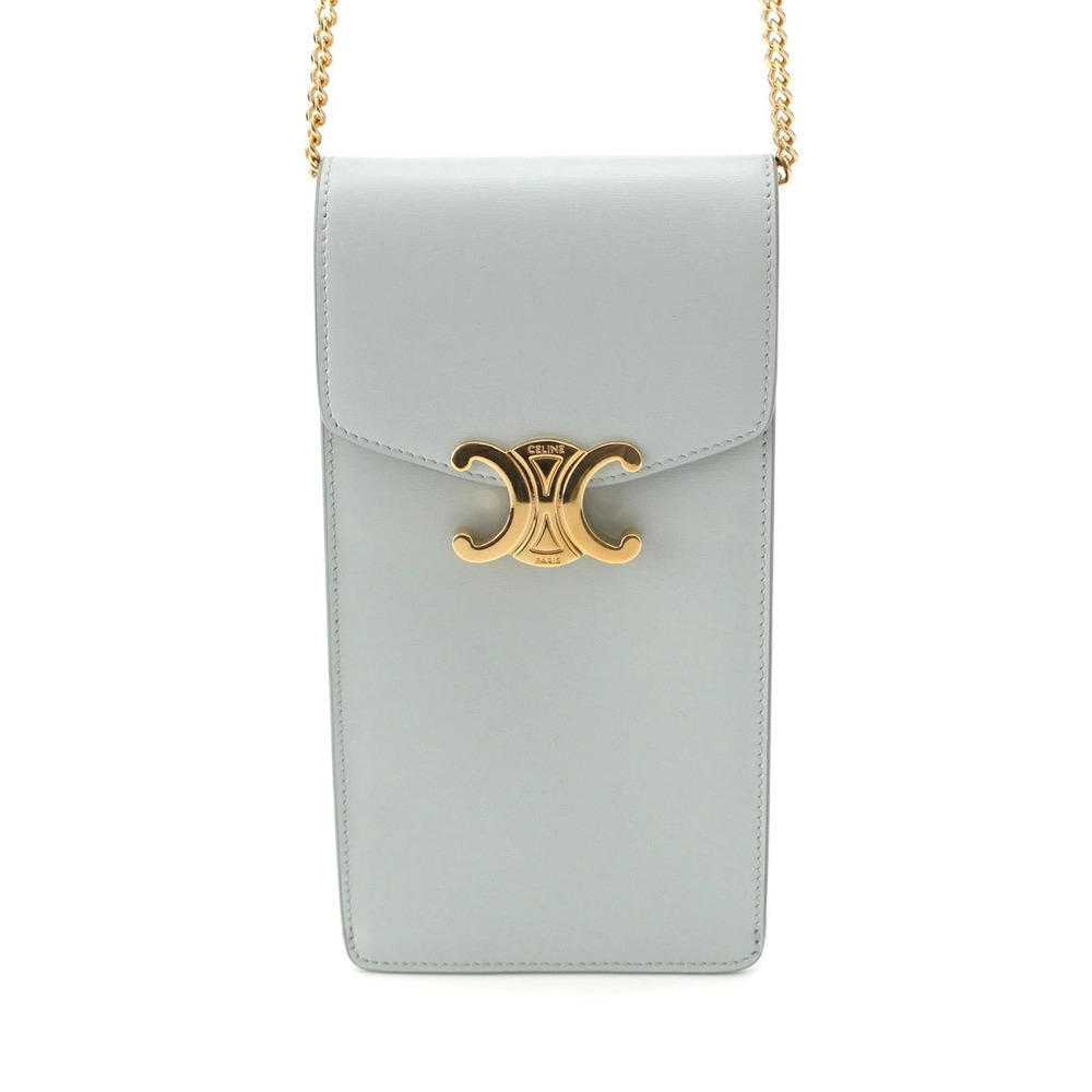 Celine Shiny Calfskin Triomphe Chain Phone Pouch Clutch Shoulder Bag Blue Sax